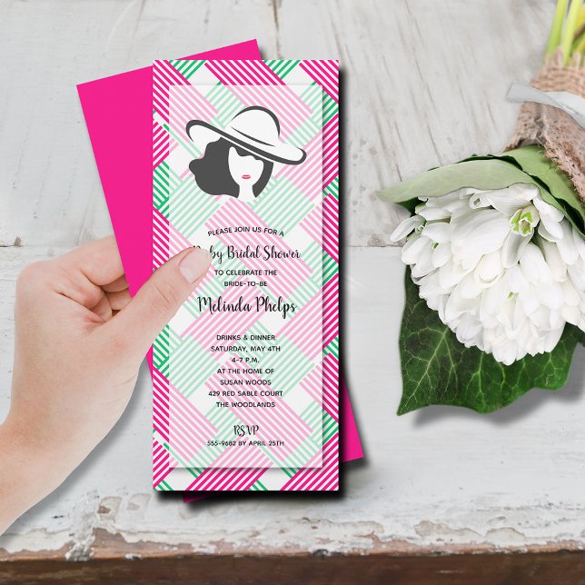 Grönt för Derby Möhippa Shock rosa Inbjudningar (Derby-themed bridal shower hot pink and green stripes invitations, INSTANT DOWNLOAD and/or PRINTED)
