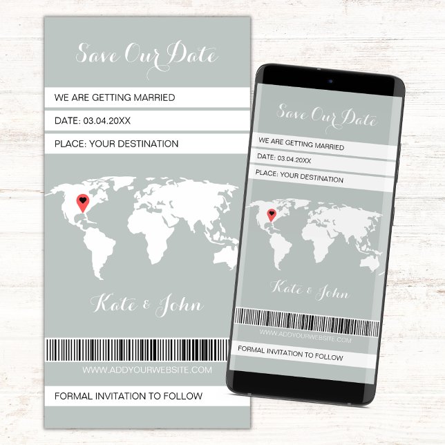 Grönt för destination för elektroniskt ombordstign spara datumet (save the date digital boarding pass invitation, save our date sage green and white evite)