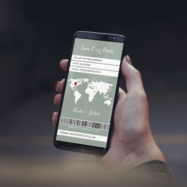 Grönt för destination för elektroniskt ombordstign spara datumet (save the date boarding pass electronic ticket sage green world map destination wedding)