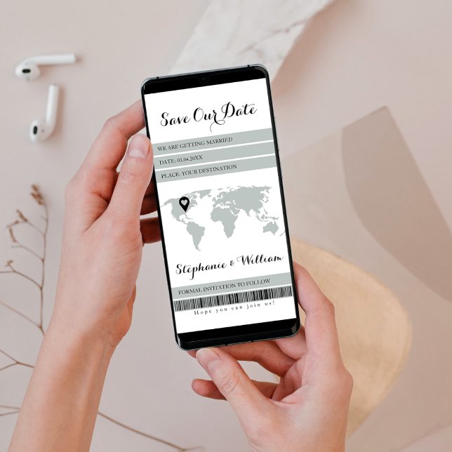 Grönt för destination för elektroniskt ombordstign spara datumet (save the date boarding pass electronic boarding pass destination pin world map passport digital)