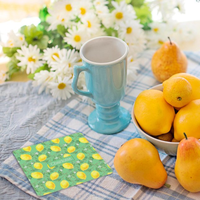 Grönt för eget namn för Lemon mönster gult Underlägg Papper Kvadrat (Skapare uppladdad)