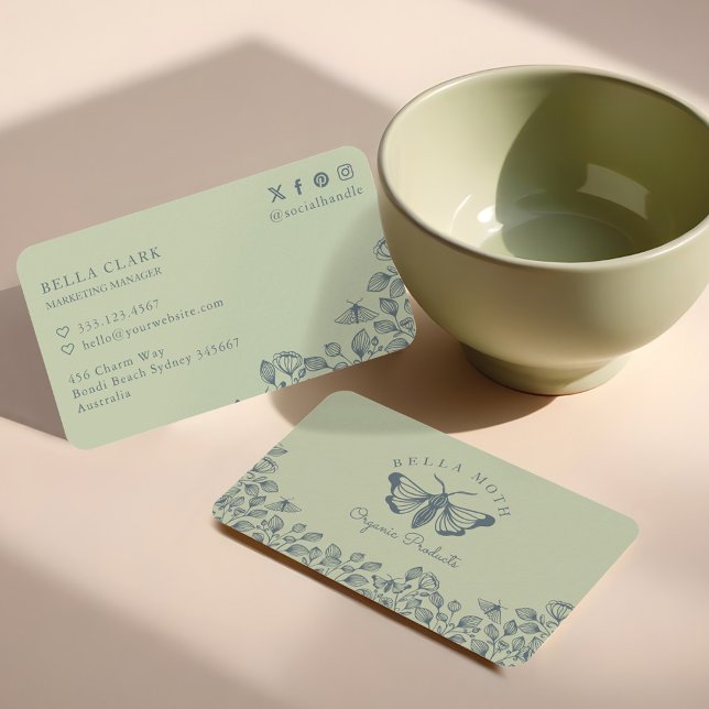 Grönt för elegant och Chic och blå Blommigtar och  Visitkort (Elegant & Chic Green & Blue Florals & Moth Logo Business Card)