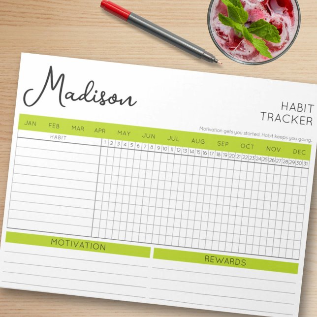 Grönt för enkel daglig spårning av snyggt anteckningsblock (Stylish Simple Daily Habit Tracker Green Accents Notepad)