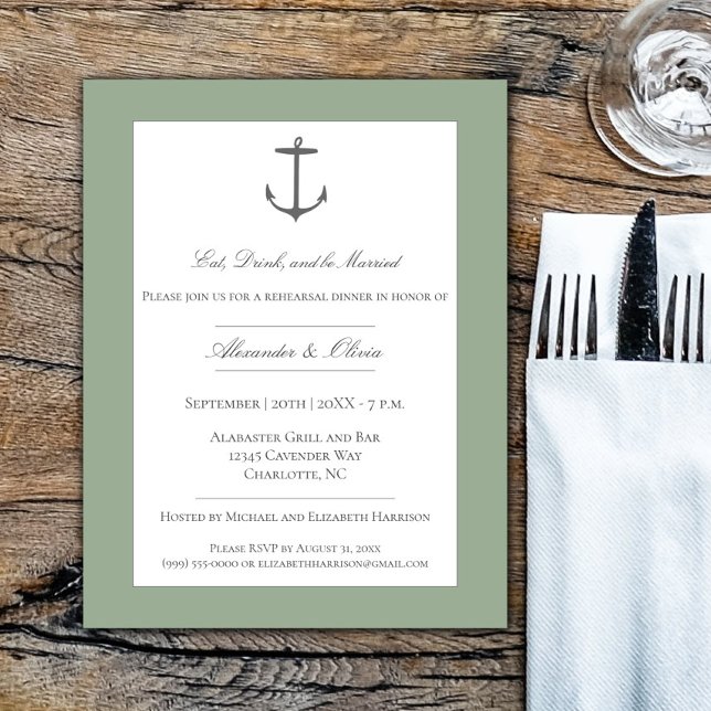 Grönt för enkel nautisk hörseldemensal för middags inbjudningar (Sage Green Simple Nautical Anchor Rehearsal Dinner Invitation)