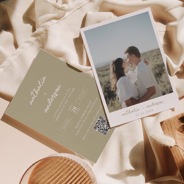 Grönt för enkel skriptöverföring Foto QR-kod Bröll Inbjudningar (Skapare uppladdad)