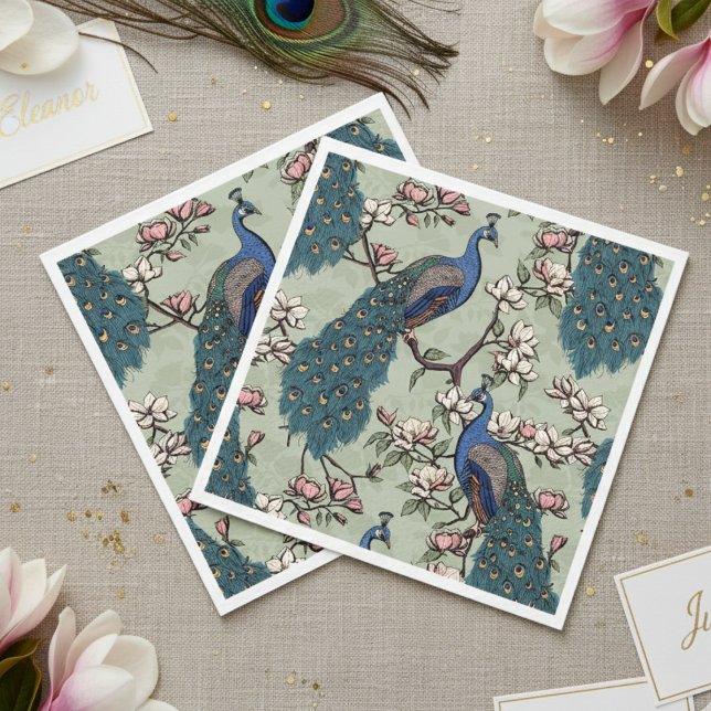 Grönt för färglös blå persikor och magnolia sage pappersservett (Elegant Sage Green Peacock Napkins. Colorful Blue Peacocks & Teal Feather Floral Chinoiserie Pattern)