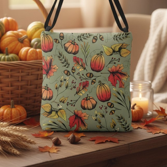 Grönt för färglöst avverkningsluft axelväska (Rustic Fall Harvest Pumpkin, Orange Gourds & Leaves Pattern in Autumn Colors for Fall & Thanksgiving)