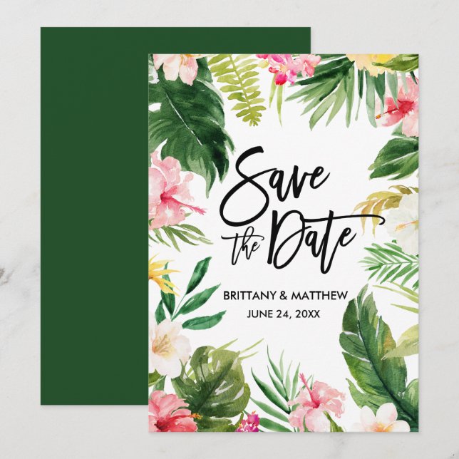 Grönt för  för Tropical Blommigt Push Script Spara Datumet (Fram/baksida)