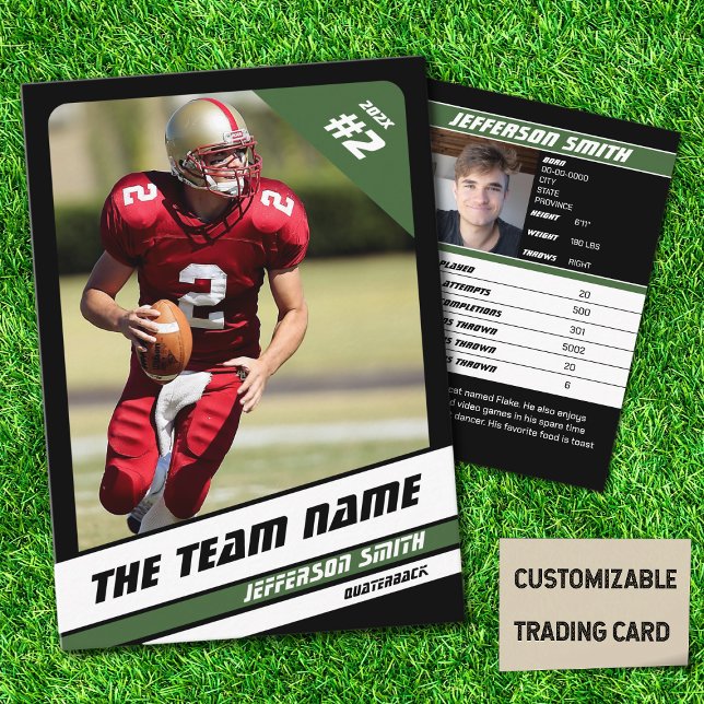 Grönt för fotbollslag Trafikkort Idea-idrottskort (American Football Player Trading Card in Black with Custom Team Name with Green Stripes
)
