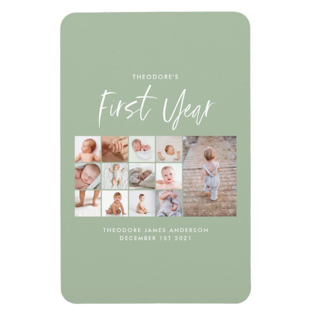 grönt för fotokollage för första året i spädbarn  magnet (Vertikal)