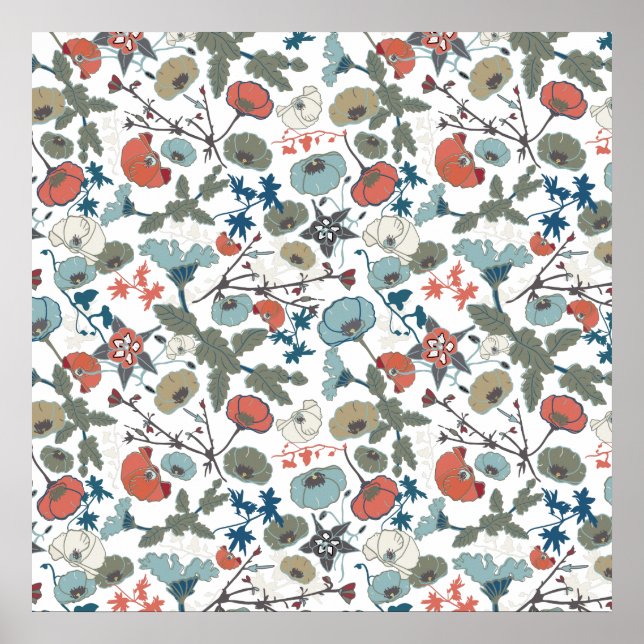 Grönt för Glatt blåfärgad blommigt med  Orange Poster (Framsidan)