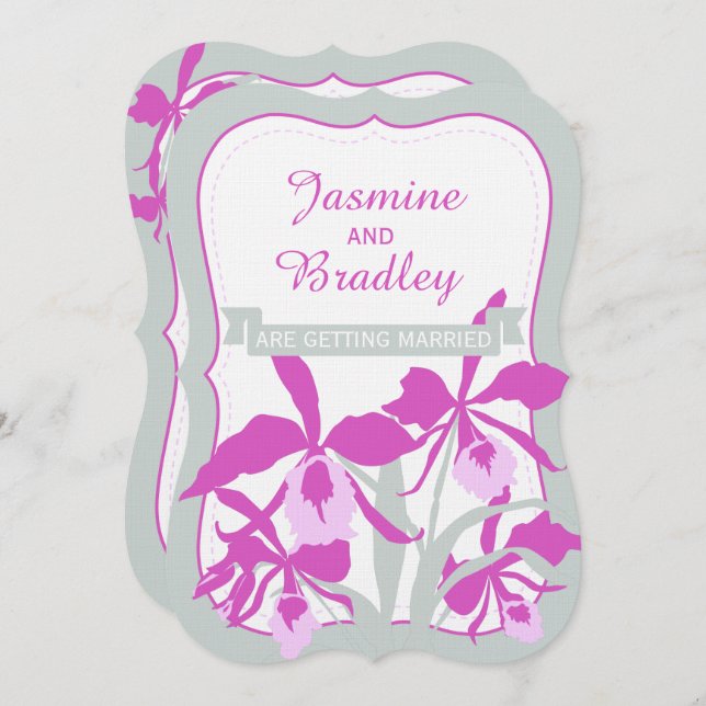 Grönt för grafisk orkidélila  grått bröllopsinbjud inbjudningar (Fram/baksida)