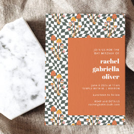 Grönt för Groovy Retro Orange  Checkerboard Bat mi Inbjudningar