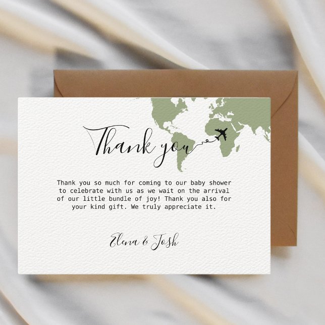 Grönt för hemlig babyvisning (World Map Sage) Tack Kort (travel themed baby shower thank you cards sage green)