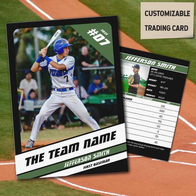 Grönt för idrottsgåva från basket Trafikkort (Baseball Player Trading Card in Black with Custom Team Name and White Green Elements)