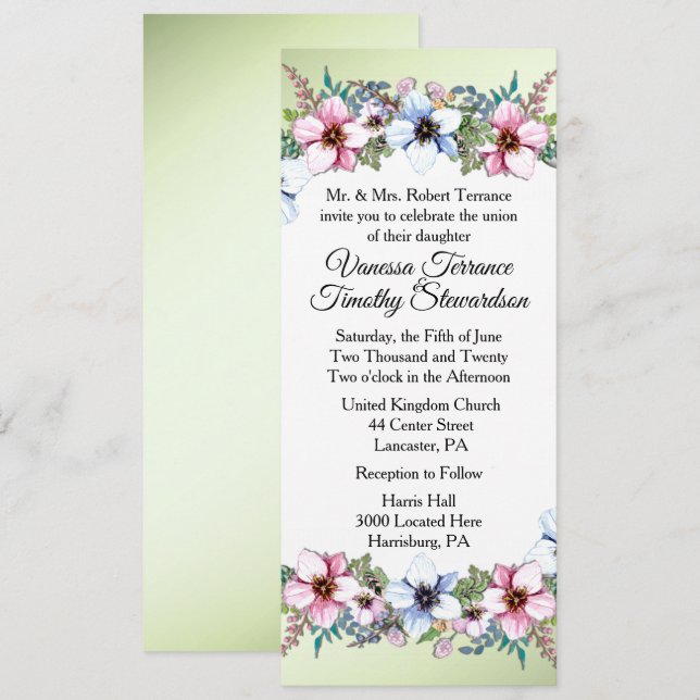 Grönt för inbjudan till blommigt bröllop (Fram/baksida)