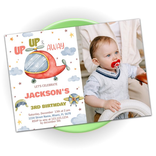 Grönt för inbjudan till flygplanet på födelsedagen (Airplane Birthday Invitations Green with photo)