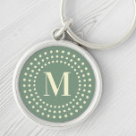 Grönt för inledande strålpunkter i monogram rund silverfärgad nyckelring<br><div class="desc">Nyckelring som innehåller din monograminledande insida i en retroradiell punkt gräns på en grönt bakgrund.</div>