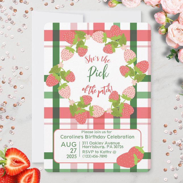 Grönt för jordgubbens Rosa  Pets Birthday Call Inbjudningar (Strawberry "Pick of the Patch"  party invitation)
