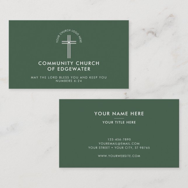 Grönt för kyrkpastor Modern Minimal Anpassningsbar Visitkort (Fram/baksida)