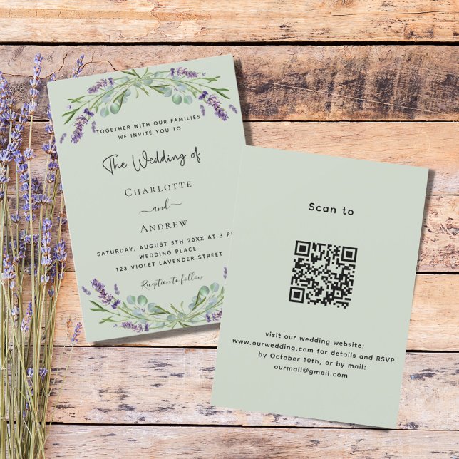 Grönt för Lavender-blommigt QR-lyx bröllop Inbjudningar (Skapare uppladdad)