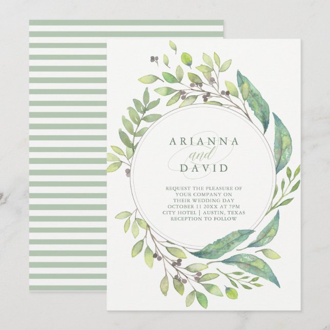 Grönt för löv| Trendig Watercolor Ram Bröllop Inbjudningar (Fram/baksida)