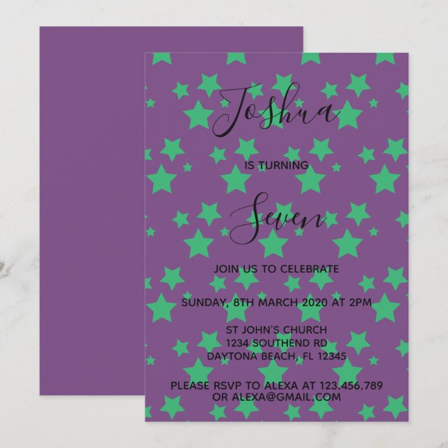 Grönt för Magic Star-födelsedagsinbjudan Inbjudningar (Fram/baksida)