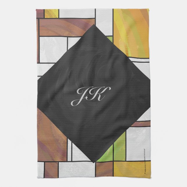 Grönt för Mondrian Brown Gult Skriv ut Kökshandduk (Vertikal)