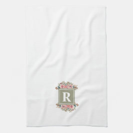 Grönt för monogrammad blommigt och vit elegant kökshandduk