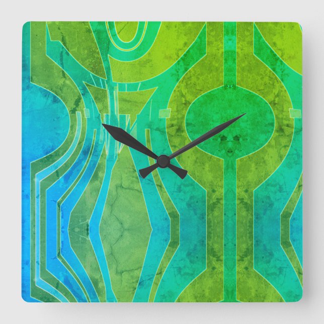 Grönt för mönstrad effekt Olive Blue Curvy Motif Fyrkantig Klocka (Framsida)