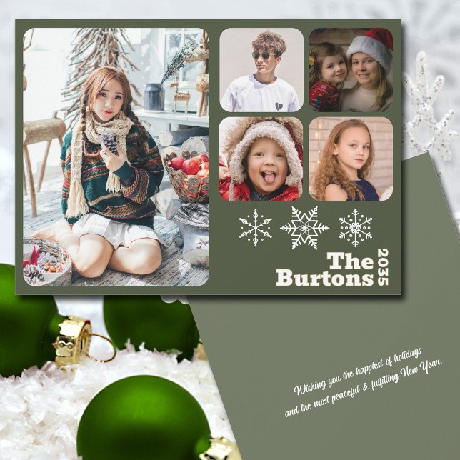 Grönt för multifoto-snöflake Sage Julkort (Multi-photo greeting card with a simple modern  holiday design  that will let your fave pics shine.)