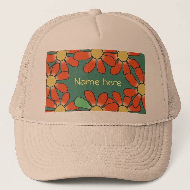 grönt för orange av blommigt truckerkeps (Framsida)