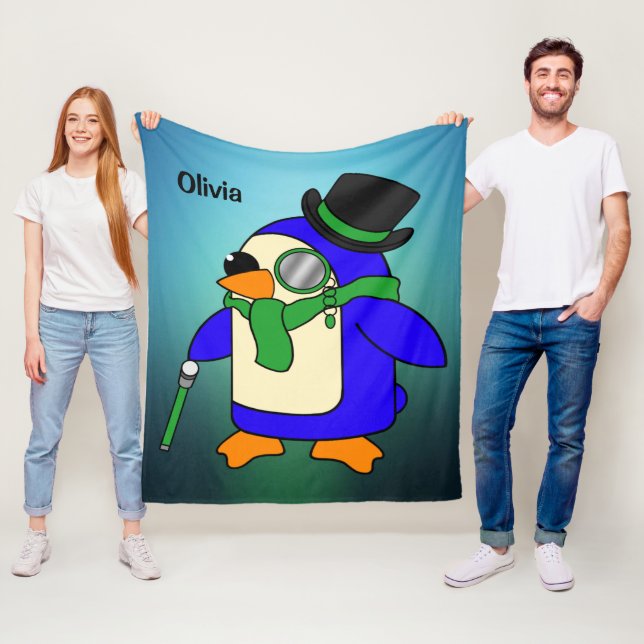 Grönt för penguin tecknad i ljusteal emerald fleecefilt (På plats)