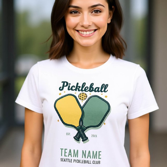 Grönt för Pickleball Player Klubb Team Anpassnings T Shirt (pickleball personalized shirt emblem club team player vintage custom text name green yellow retro)