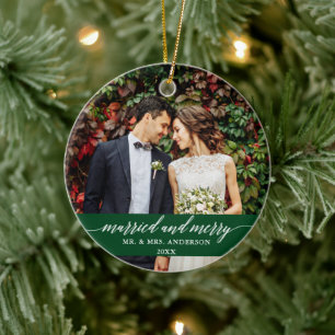 Grönt för präglad och merry Bröllop Calligraph Julgransprydnad Keramik