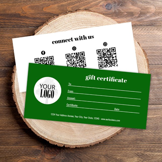 Grönt för QR-kodscertifikat för snabbcertifikat fö (Green and white custom add your logo gift certificate)