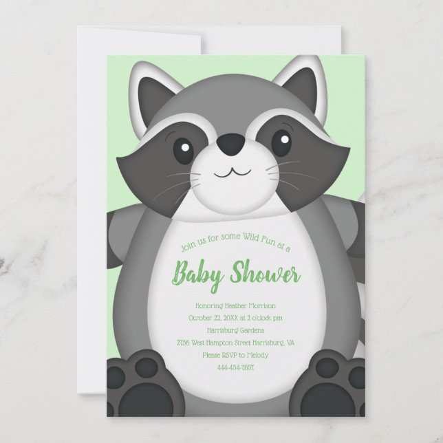 Grönt för Raccoon Baby Shower Inbjudningar (Framsida)