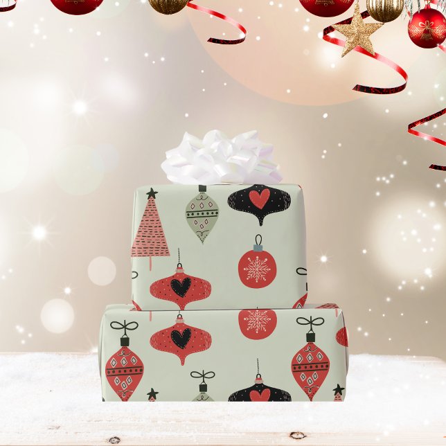 Grönt för radbrytning av Helgdag för återutsmyckni Presentpapper (Retro Ornaments Holiday Green Wrapping Paper)