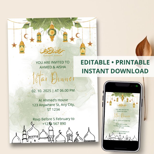 Grönt för ramadan-vattenfärg på Iftar-middagen Inbjudningar (Skapare uppladdad)