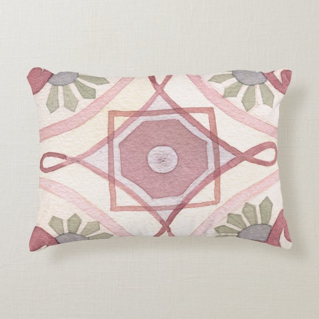 Grönt för rosa av färglös vattenfärg mönster prydnadskudde (Framsidan)