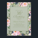 Grönt för  Rosa Blommigt Mint  16:e födelsedag Inbjudningar<br><div class="desc">Vacker och elegant  rosa och blommigt med marinblå vattenfärg på myntsidan 16 födelsedagsfest inbjudan för tonåring flickor Kontakta oss om hjälp med anpassning eller matchning av produkter</div>