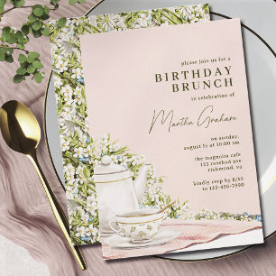 Grönt för Rosa Cute Tea Party Birthday Brunch Inbjudningar