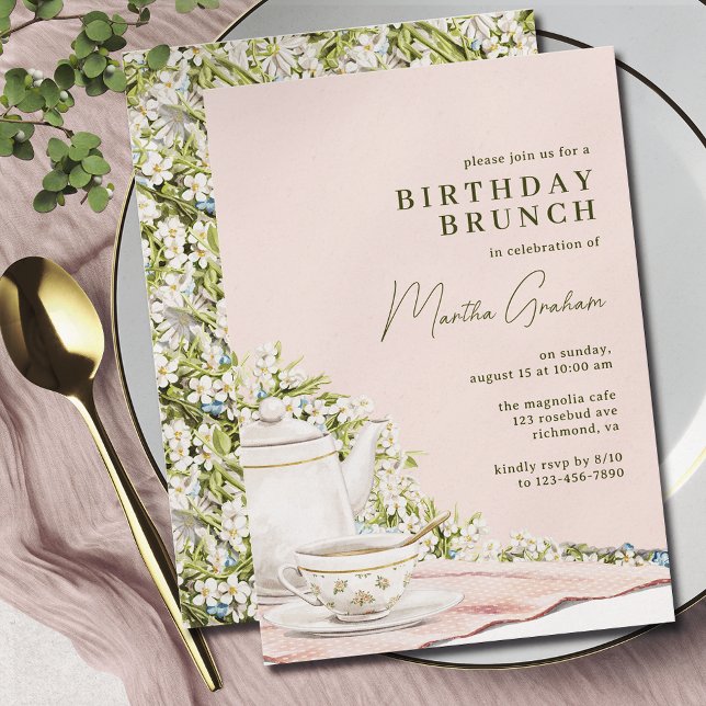 Grönt för  Rosa | Cute Tea Party Birthday Brunch Inbjudningar (Skapare uppladdad)