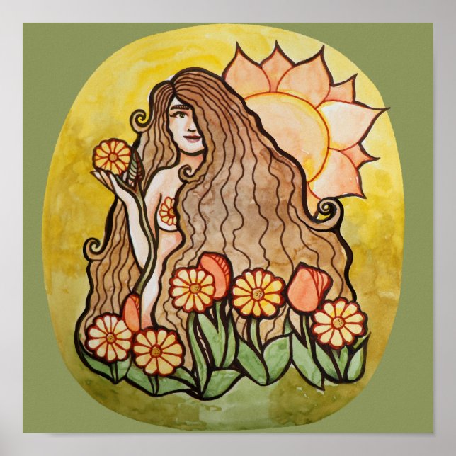  Grönt för sommarsolsken Goddess Sunblommor Poster (Framsidan)