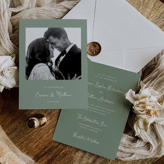 Grönt för sötningsmedel och vismisk avgång | Foto  Inbjudningar (An elegant sage green wedding invitation with your photo)