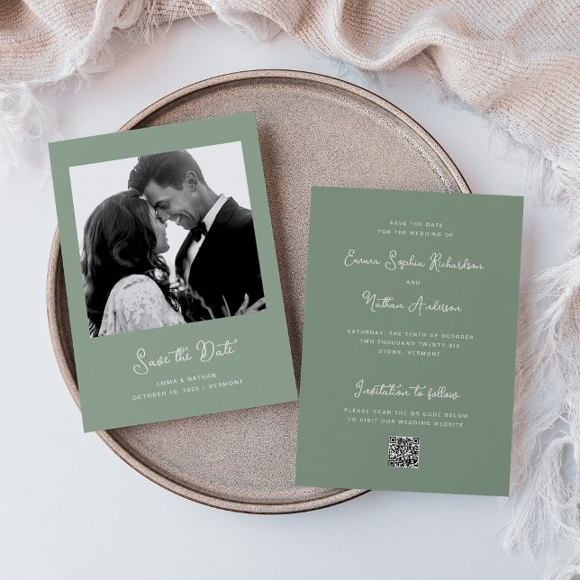 Grönt för sötningsmedel och vismisk avgång | Foto- Spara Datumet (An elegant, sage green save the date card)