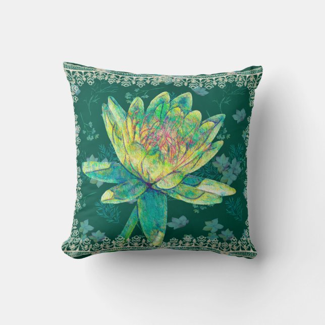 Grönt för Square Pillow Vatten Lily Design Kudde (Framsida)