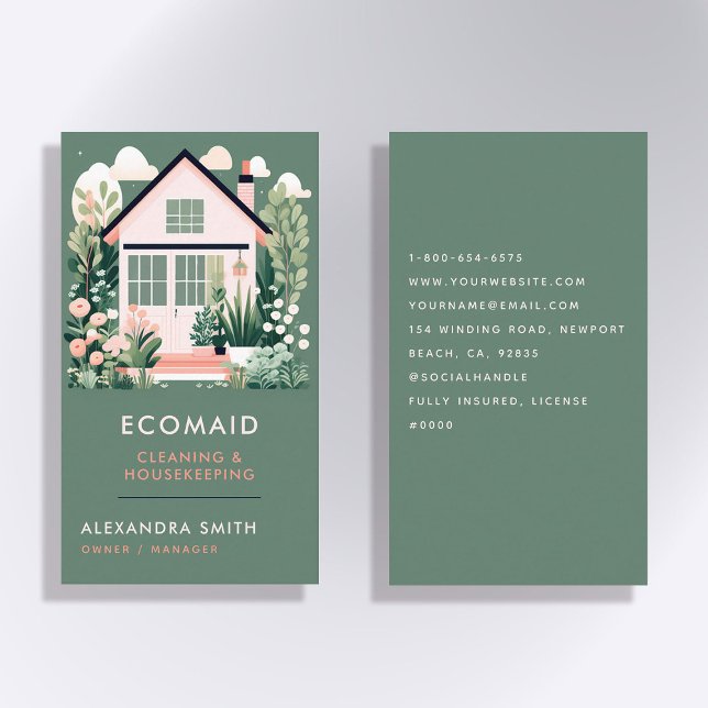 Grönt för städning Services Household Scandi House Visitkort (cleaning housekeeper janitorial business card scandi scandinavian elegant modern green simple classy)