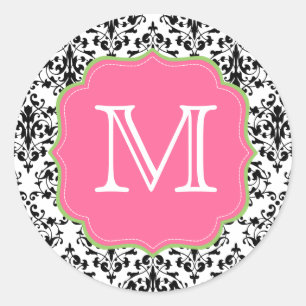 Grönt för svart Rosa i Damask Monogram Runt Klistermärke
