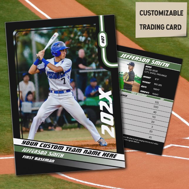 Grönt för Trafikkort för Baseball Player-Anpassnin (Baseball Player Trading Card in Black with Custom Team Name and Green White Elements)